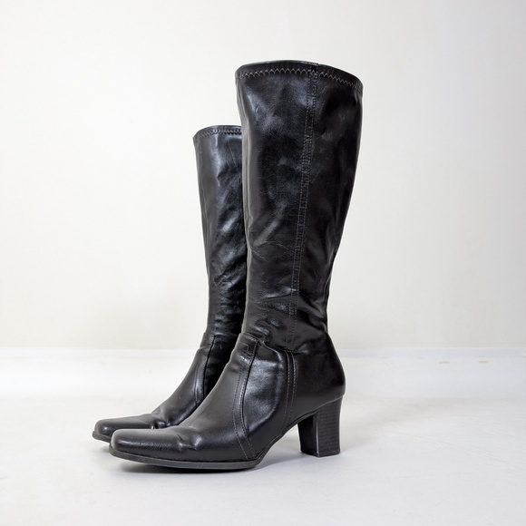 Pleather Calf Boots Square Toe Fitted Tight Faux Leather PVC - Picture 6 of 9